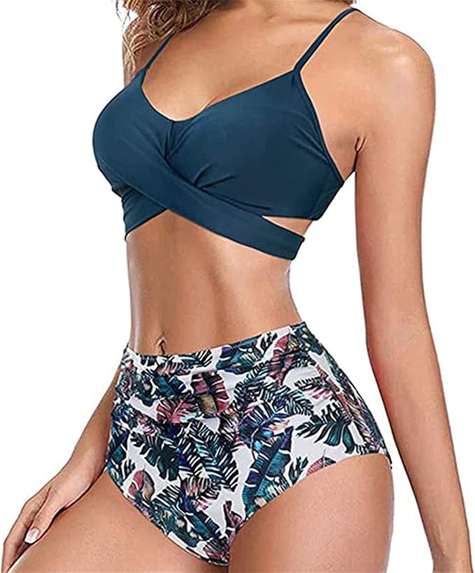 Womens Front Cross Ruched Bikini Set Twist Wrap Swimwear High Waisted Bottoms Print Straps Push Up Swimsuits