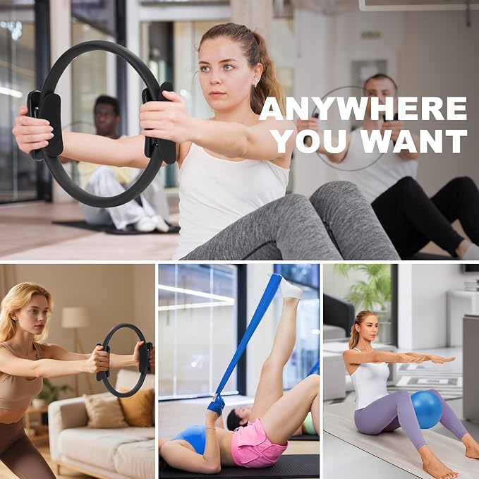 Pilates Ring Fitness Circles Set, High Resistance Yoga Ring Pilates Equipment Set for Women Includes Pilates Ring, 9 Inch Small Exercise Ball, 5 Resistance Bands at Home Pilates Workout Set