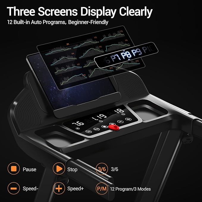 14% Treadmills for Home with Handle, 3 in 1 Portable Treadmill with Incline, Foldable Treadmill with Three Screen, 12 Preset Programs, 400LBS