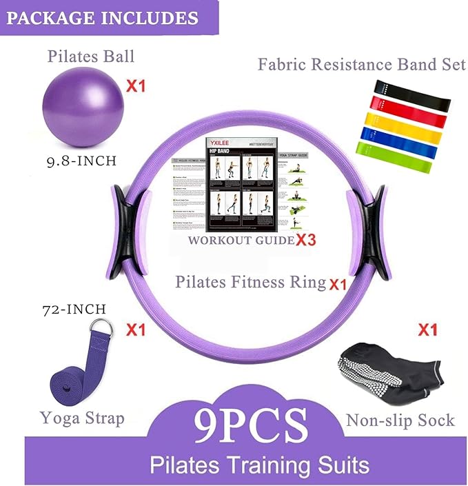 YXILEE Pilates Ring Circle Set - Workout at Home Workout Equipment Women - Booty Bands Stretching Equipment Pilates Mini Exercise Ball for Legs Arms and Thighs
