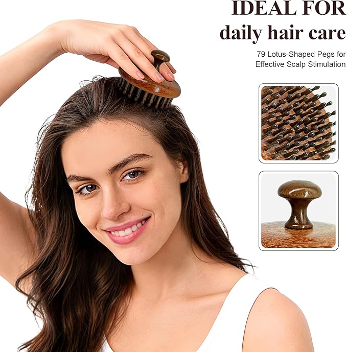 Wooden Scalp Massager for Hair Growth, Bamboo Head Massage Brush to Stimulate Circulation, Natural Anti-Static Scalp Scrubber for Wet/Dry, Relaxing Gua Sha Tool for Face & Body, Gift for Women Men