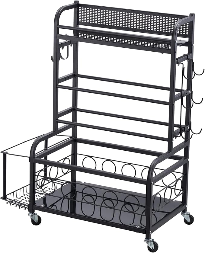 VEVOR Yoga Mat Storage Rack, Home Gym Workout Equipment Organizer, Powder Coated Finish Steel Yoga Mat Holder with Hooks & Wheels, Weight Rack for Dumbbell, Kettlebell, Foam Roller, and Yoga Strap