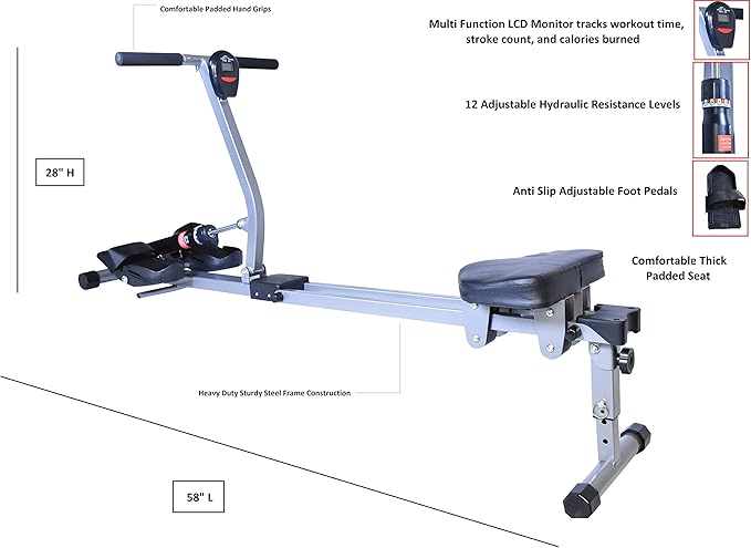 Fitness Rowing Machine X Series HD Foldable Rower for Home Use, with 12 Adjustable Resistance Hydraulic System, LCD Monitor and Comfortable Seat Cushion