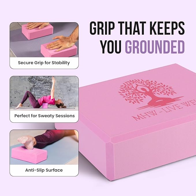 MHW - LIVE WELL EVA Foam Yoga Block, High Density Foam Exercise Block - Lightweight Pilates Block - 9.06 x 5.91 x 2.95 Inches, Single Piece, EVA Material - Pink (Pink, Pack of 1)
