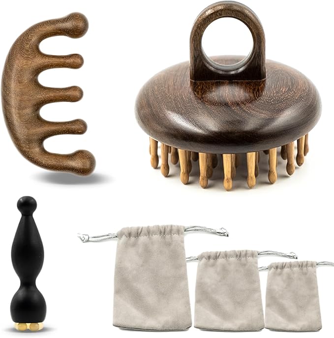 3 Pack Wooden Scalp Massager, Sandalwood Manual Head Massager Comb for Hair Growth, Wooden Gua Sha Tool for Body&Face, Wood Massager for Eye