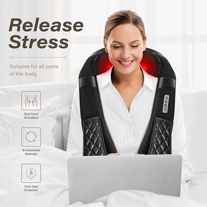 Blue Elf Shiatsu Electric Neck Back Massager Pillow 3D Kneading with Heat for Shoulder, Lower Back, Foot, Leg Muscles Pain Relief Relax in Car Office and Home (Black)