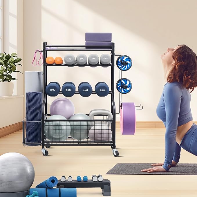 VEVOR Yoga Mat Storage Rack, Home Gym Workout Equipment Organizer, Powder Coated Finish Steel Yoga Mat Holder with Hooks & Wheels, Weight Rack for Dumbbell, Kettlebell, Foam Roller, and Yoga Strap
