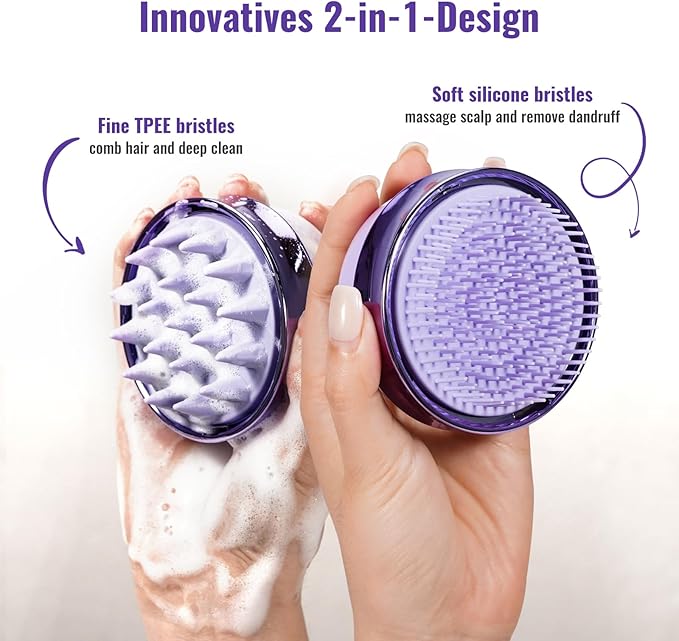 2 in 1 Scalp Massager Hair Growth,Scalp Scrubber with Soft Silicone Bristles for Dandruff Removal,Shampoo Brush for Exfoliation,Head Massager for Both Wet and Dry Use (Purple) ﻿