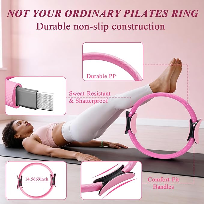 Pilates Ring and Small Ball Set for Women with 5 Resistance Bands, 14 inch Magic Circle Home Workout Essentials Starter Kit for Beginners, Yoga Sets for Full Body Toning Shape