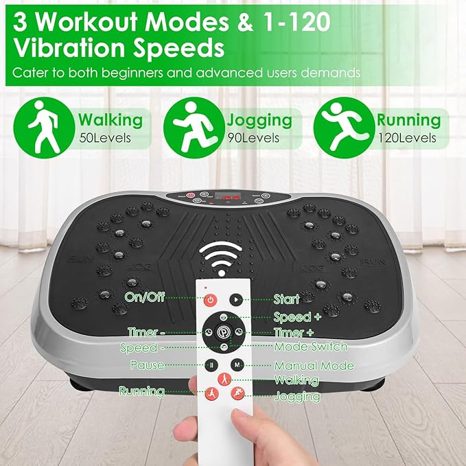 Vibration Plate Exercise Machine, Full Body Shaker Workout Equipment Board Sport Home Training Vibrating Fitness Platform with Resistant Bands Remote Control for Weight Loss Fat Burner