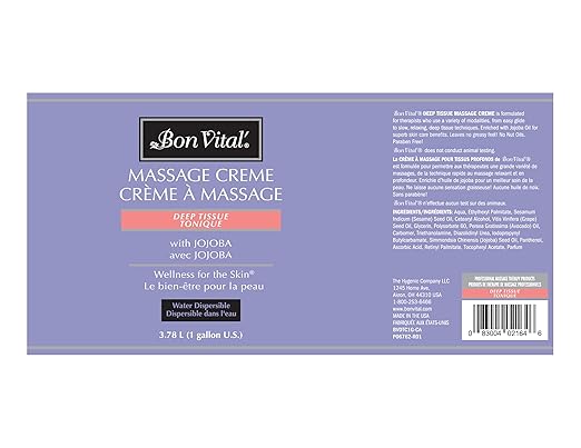 Bon Vital' Deep Tissue Massage Creme, 1-Gallon Container, Lightweight Non-Greasy Formula for All Skin Types, Ideal for Deep Muscle Manipulation, Hydrating Massage Lotion for Spa and Home Use