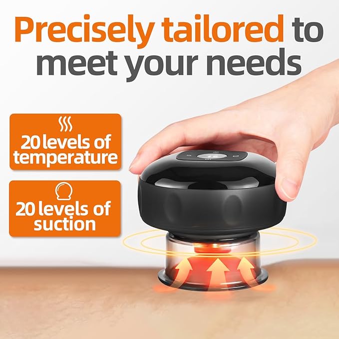 Becommend 5-in-1 Remote Cupping Kit for Massage Therapy with 20-Level Suction & Heat, Red Light – Cupping Set with 2 Replaceable Cups for Back Pain, Knots, Soreness Relief (Black)