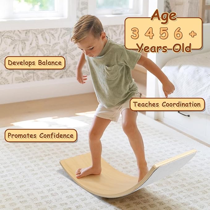 Gentle Monster Wobble Balance Board, Wooden Montessori Toy Rocker Board Natural Wood Kids Toddler Open Ended Learning Toy Yoga Curvy Board for Adult Office Classroom Christmas Gifts