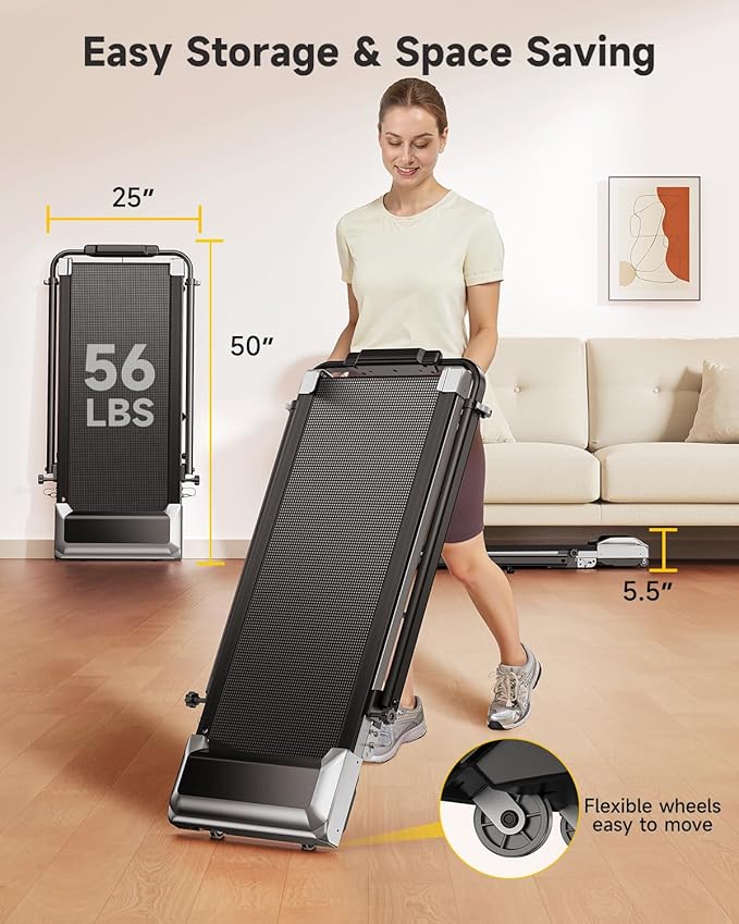 Walking Pad Treadmill with 12% Incline, 6 in 1 Folding Treadmill with Adjustable Handle Bar for Home/Office, Under Desk Treadmills Portable Walking Pad with App, Remote Control & LED Display