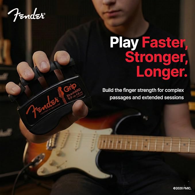 Fender GRIP Hand and Finger Exerciser – Best Ergonomic Finger Strengthener to improve play on all stringed instruments (Guitar, Bass, Violin, etc.) (Tensions: WHITE=5-Lbs; RED=7-Lbs; BLACK=9-Lbs)