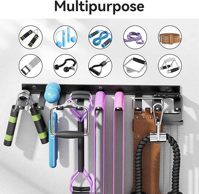 Wall Mounted Home Gym Equipment Storage Rack for Resistance Bands, Cable Attachments, Lifting Belts, Jump Ropes and Chains