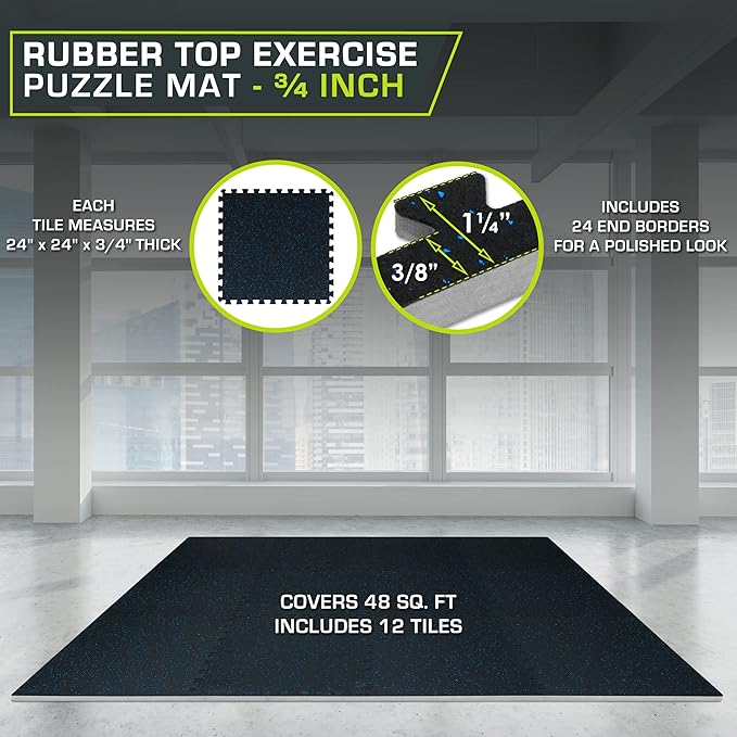 ProsourceFit Rubber Top Exercise Puzzle Mat ½-inch or ¾-inch, EVA Foam Interlocking Tiles for Home Gym Protective Flooring for Equipment and Workouts, Available in 24 SQ FT or 48 SQ FT