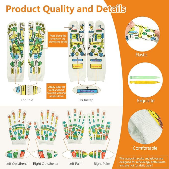 Reflexology Socks and Gloves for Hand Foot Massage, with 2 Acupressure Pens, Men's Size - Soothing and Relaxing Therapy, Pain Relief, Improve Circulation- Health and Personal Care
