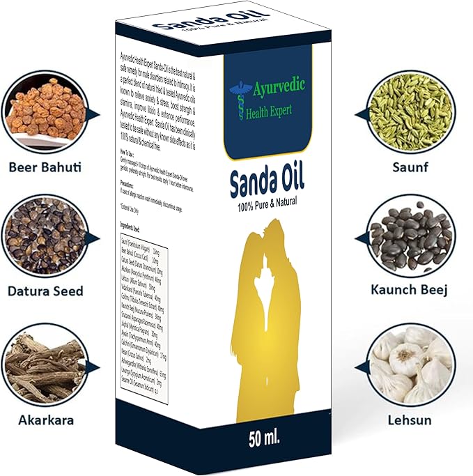 Sanda Oil 50ml | 100% Pure & Natural Ayurvedic Massage Oil for Men | Improves Strength, Stamina & Vitality | Herbal Formulation for External Use Oils 50 Ml Pack of 1 1.6oz
