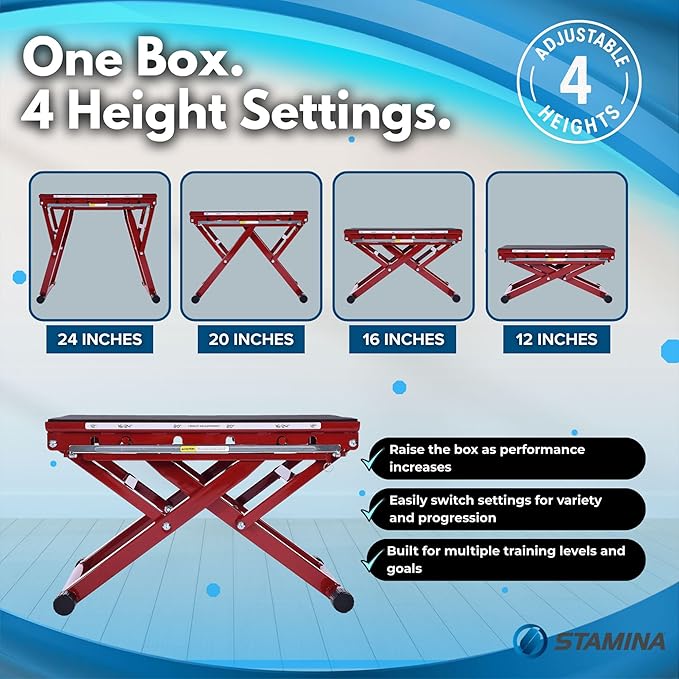 Stamina X 12" to 24" Adjustable Height Plyo Step Up Exercise Box For Home Workout with Access to Muuv, Non-Slip Surface and Workout Guide, Black/Red