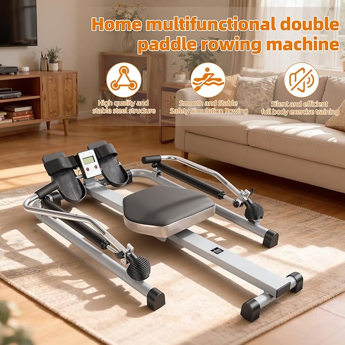 New Home Rowing Machine, Hydraulic Rower with LCD Monitor, Adjustable Resistance up to 110LBS & Large Cushioned Seat, 265LBS Quiet Rowing Machine for Aerobic Exercise Fitness