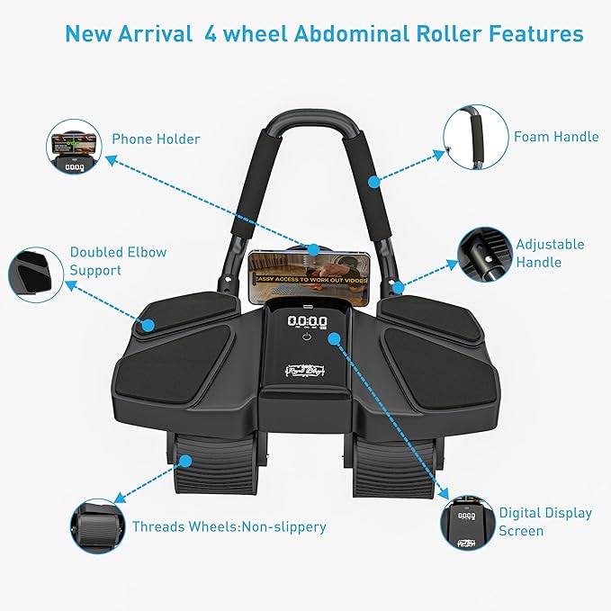 Ab Roller Home Gym Equipment – 4 Wheels Ab Wheel Muscle Roller with LCD Screen, Yoga Stretching Strap, 3 Resistance Bands – Comfortable Elbow Support with Non-Slip Handles – Time and Calorie Count