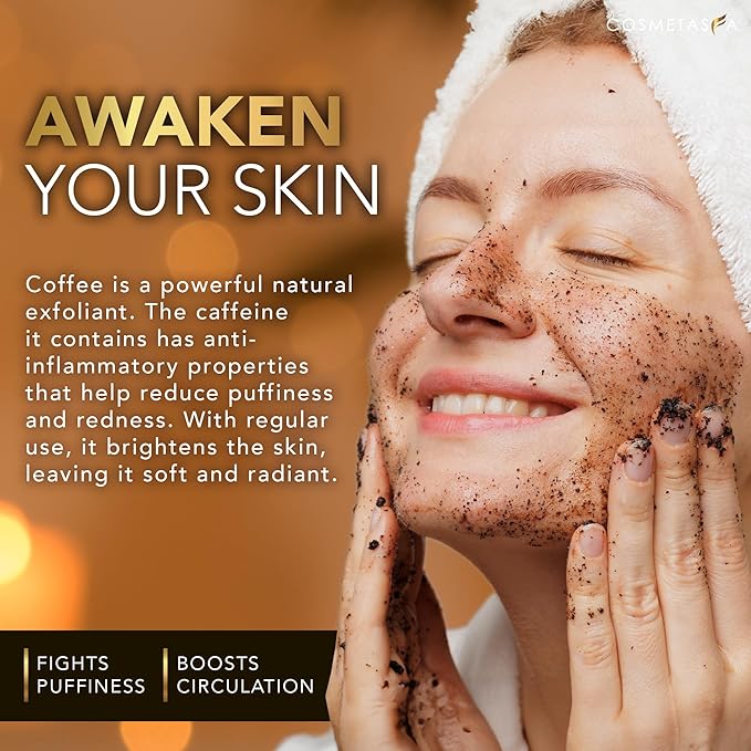 Cosmetasa Anti Cellulite Massage Oil Kit - Organic Arabica Coffee Face & Body Scrub, Exfoliating Gloves, Massager Mitt - Gift Set