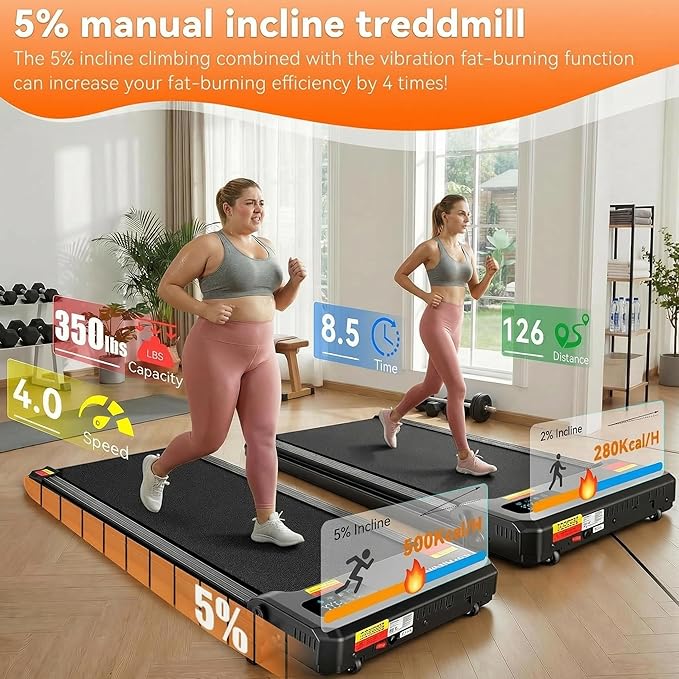Small Walking Pad Treadmill with Incline - Under Desk Treadmills with Vibration Plate, 2.5HP Compact Portable Walking Pads with Handle Bar for Home Small Spaces, Office, Remote Control & LED Display