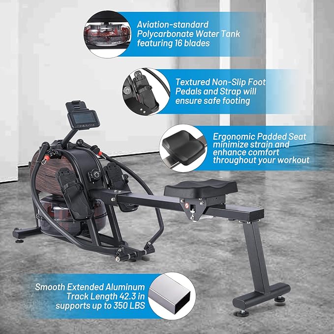 GarveeLife Dual Magnetic & Water Resistance Rowing Machine w Extended Slide, Full-Body Workout, Low-Impact, Ergonomic Full Motion or Premium Water Motion, Max 350 LB Weight Capacity, App Compatible