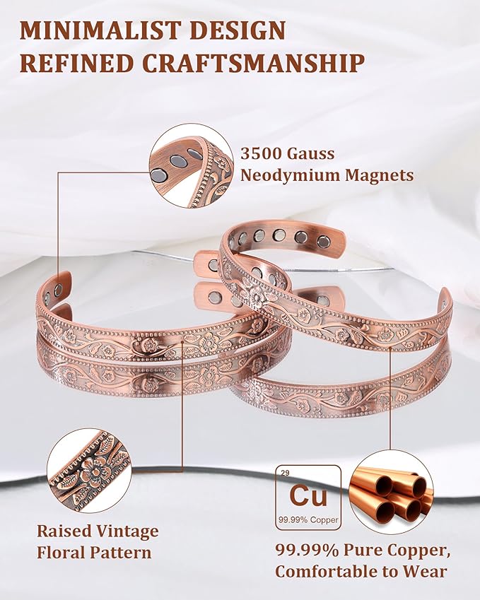 BioMag 2 Pcs Magnetic Copper Bracelet for Women Men, 99.99% Pure Copper Cuff Bangle with with 12 Pcs 3500 Gauss Magnets, Adjustable Size, Floral Vine Design