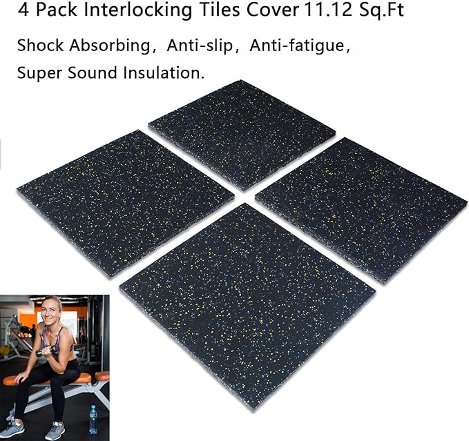 MYOYAY 4 Pack Interlocking Tile 20" x 20”x 1”Heavy Duty Rubber Flooring Mat Anti-Vibration Anti-Slip Exercise Mats for Gym Equipment and Cushion for Workouts, Cover 11.12 Sq.Ft…