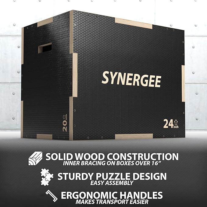 Synergee 3 in 1 Non-Slip Plyometric Box for Jump Training and Conditioning. Wooden Plyo and Soft Plyo Box All In One Jump Trainer. Sizes 20/18/16, 16/14/12