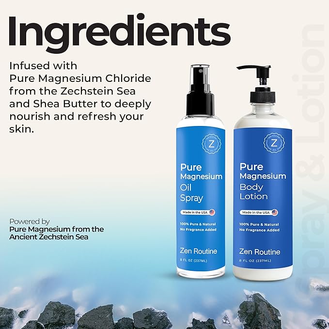 Zen Routine Magnesium Spray + Lotion Set for Sleep, Leg Cramps & Muscle Recovery – Unscented, Non-Greasy, Less Itch – Feet, Skin Friendly, Extra Soothing — Made in USA