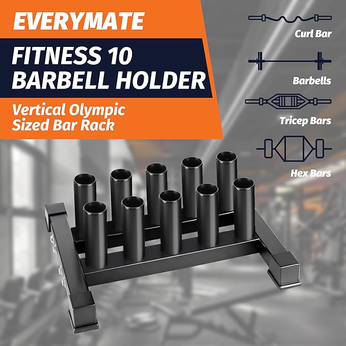 EVERYMATE Vertical Barbell Rack - Heavy-Duty Steel Organizer, Barbell Holder Floor Stand, Fits 2" Olympic Bars with Scratch-Resistant Inserts, Space-Saving for Home/Garage/Commercial Gym