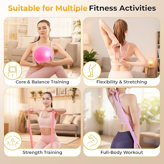 Pilates Ball and Ring Set for Women - 14-Piece At Home Pilates Kit with 12-Inch Magic Circle, 5 Resistance Bands, Home Workout Equipment for Full Body Training (Pink)