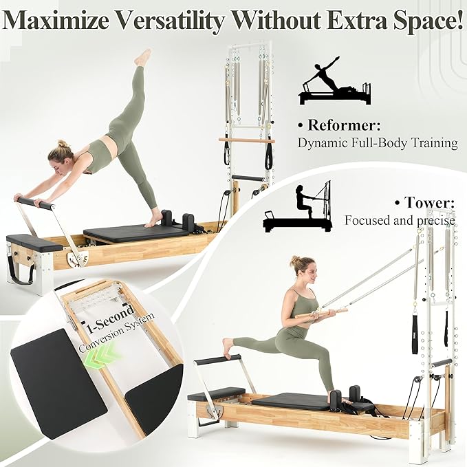 PAETA Pilates Reformer, Wooden Reformer Pilates Machine with Cadillac Trapeze Table, Pilates Equipment for Home Workout and Studio, Includes Sitting Box, Jumpboard