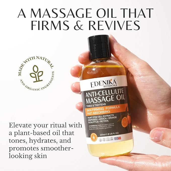 Firming Anti Cellulite Massage Oil, Grapeseed Oil, Caffeine, Plant Stem Cells & Retinol, Supports Tighter, Smoother-Looking Skin on Body, Legs, Thighs & Buttocks, 8 Fl Oz