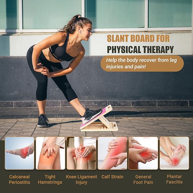 Wooden Slant Board for Calf Stretching, Portable Adjustable Calf Stretch Board with Training Poster & Resistance Bands, 300lb Weight Capacity Calf Ankle Achilles Physical Therapy Leg Exercisers