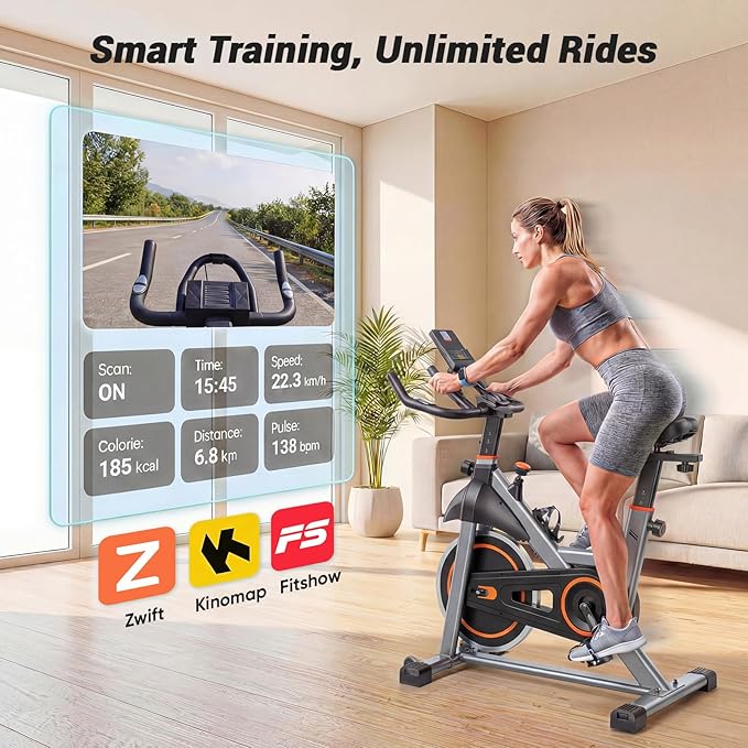 OLIXIS Exercise Bike with APP Control, Brake Pad Stationary Bikes with Quiet Magnetic Resistance, Indoor Cycling Spin Workout Bike with 300.0 lbs Weight Capacity