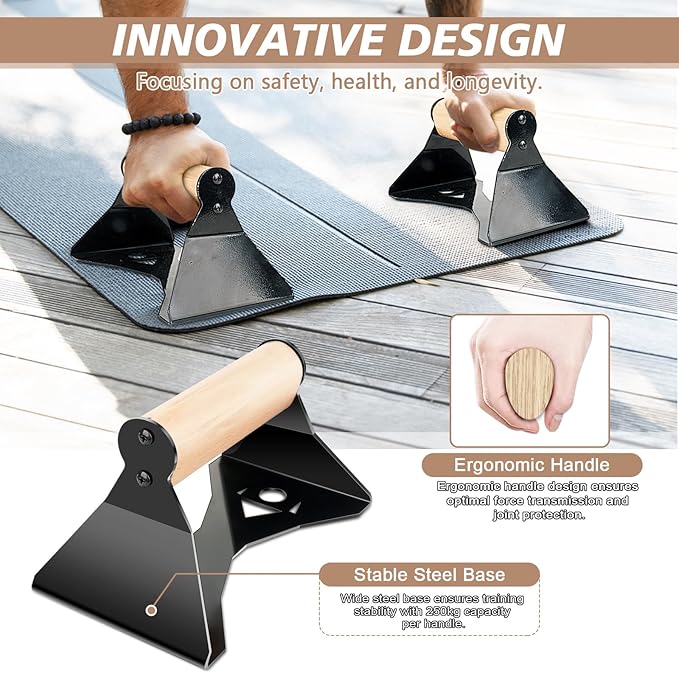 Parallettes Push Up Handles - Heavy Duty Steel Frame with Ergonomic Beech Wood Grips, Calisthenics Equipment for Strength Training, Anti-Slip Push Up Bars for Home Gym (250kg Capacity)