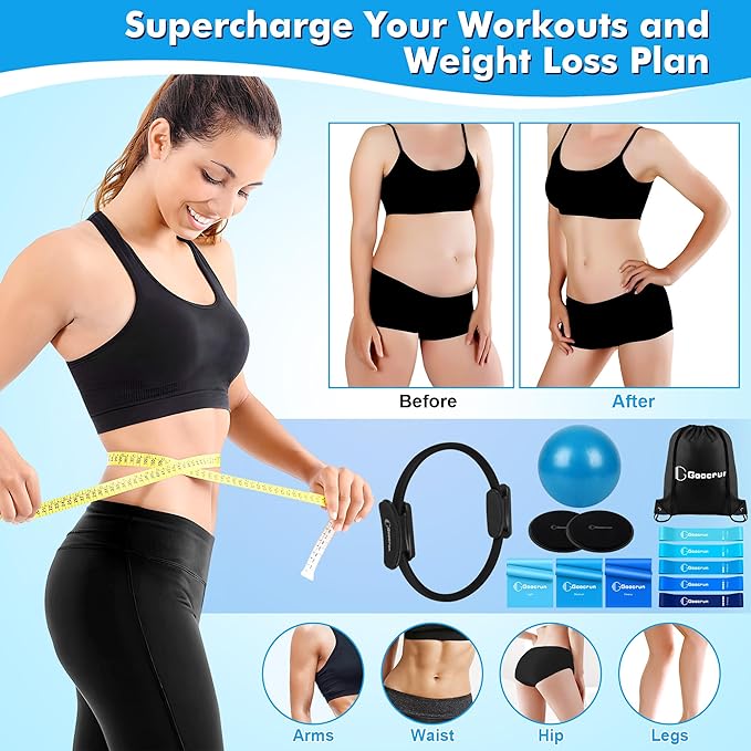 Pilates Ring Set Exercise Equipment, with Exercise Resistance Bands Set, Pilates Ball, Sliding Disks. Portable Home Gym - with Fitness Guide Poster