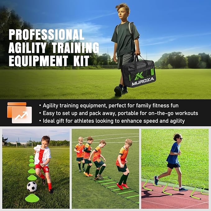 Agility Ladder, Agility Speed Training Equipment Set, 20ft Speed Ladder, 12 Soccer Cones, 4 Hurdles, Jump Rope, Running Parachute, Soccer Football Basketball Training Equipment Accessories