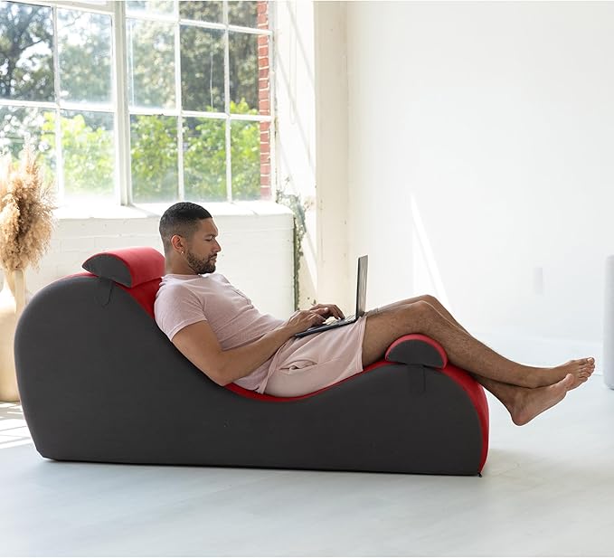Avana Chakra Yoga Chaise - 2 Adjustable Headrests & Handles with Adjustable Straps, Micro-Velvet/Microloop, Red & Grey