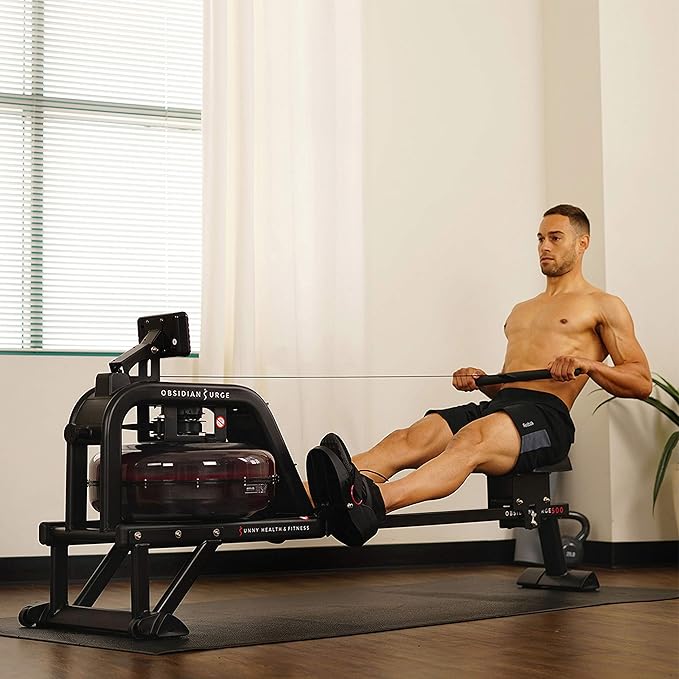 Sunny Health & Fitness Premium Water Rower w/Intensive Dynamic Real-Time Resistance, 300 LB Capacity Flip-able Rowing Machine for Home Training, Optional Free SunnyFit App Connection