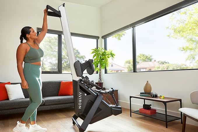 Aviron StrongGo Rowing Machine -Compatible with iPad—Dual Air & Magnetic Resistance Up to 100 lbs | Game-Based Workouts, Compact Storage Design