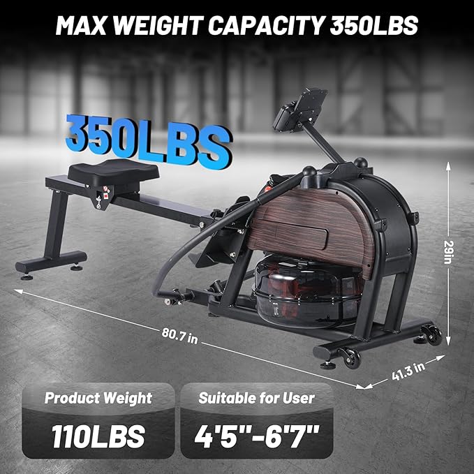 GarveeLife Dual Magnetic & Water Resistance Rowing Machine w Extended Slide, Full-Body Workout, Low-Impact, Ergonomic Full Motion or Premium Water Motion, Max 350 LB Weight Capacity, App Compatible