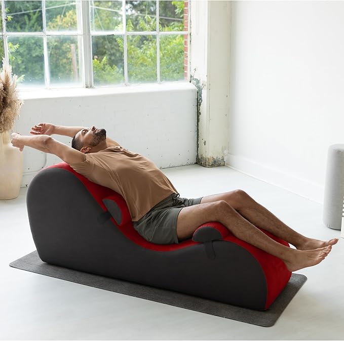 Avana Chakra Yoga Chaise - 2 Adjustable Headrests & Handles with Adjustable Straps, Micro-Velvet/Microloop, Red & Grey