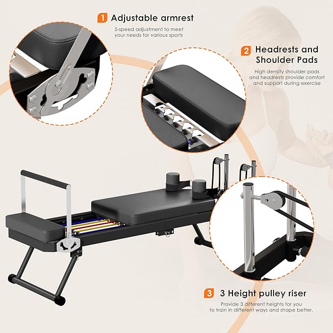 Pilates Reformer Machine for Home Use,Foldable Studio Grade Pilates Equipment, Reformer Pilates Machine with 5 Springs & 11 Resistance Levels | Suitable for Beginners& Professionals