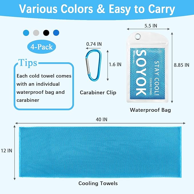 4 Packs Cooling Towel, 40" x 12" Microfiber Cooling Towels for Neck and Face, Soft Breathable Gym Towel for Working Out with Waterproof Bag & Carabiner, Sweat Towels for Travel, Yoga, Climb, Running
