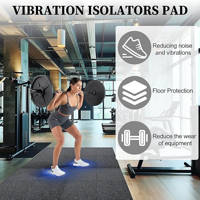Nisorpa 1" Thick Rubber Exercise Equipment Mats, Anti-Vibration Pads 20" x 20'', Sound Absorbing Mat, Gym Floor Tiles Non-Slip, with 12 Pcs Buckles for Fixing, for Fitness Equipment (4 Pcs)